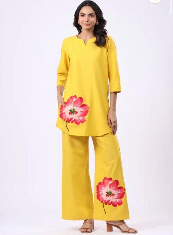 Mustard Yellow Floral Printed Kurta Palazzo Set for Women