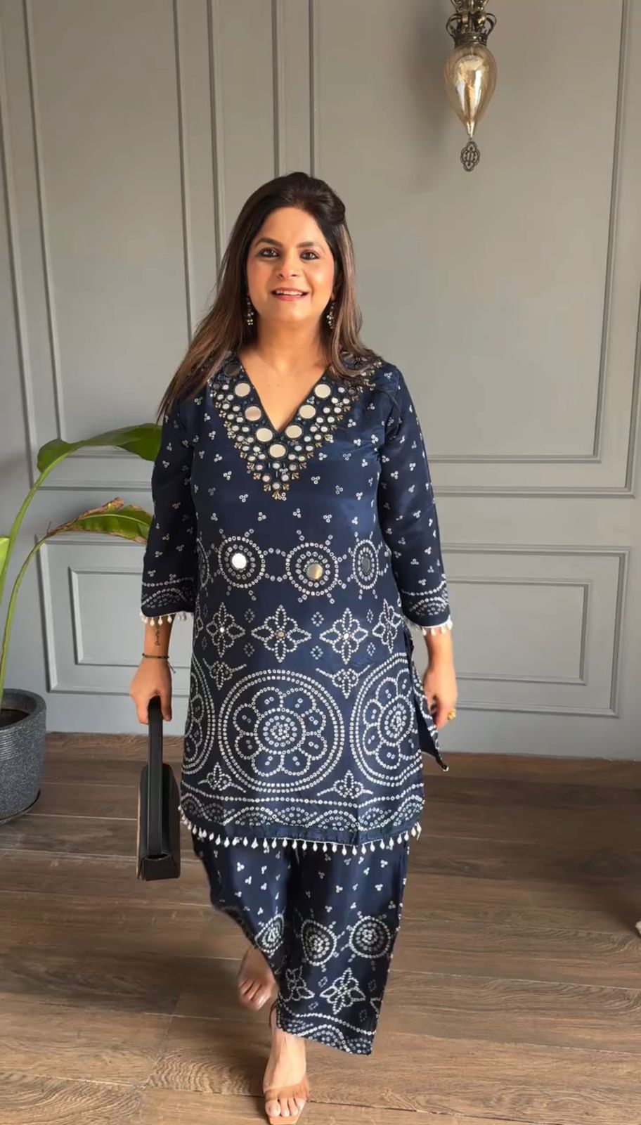 Navy Blue Ethnic Printed Kurta Palazzo Set for Women