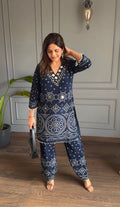Navy Blue Ethnic Printed Kurta Palazzo Set for Women