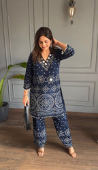 Navy Blue Ethnic Printed Kurta Palazzo Set for Women