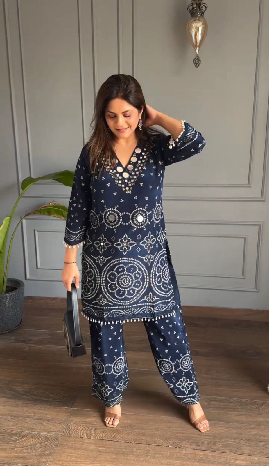 Navy Blue Ethnic Printed Kurta Palazzo Set for Women