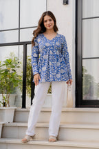 Blue Floral Printed Cotton Top for Women