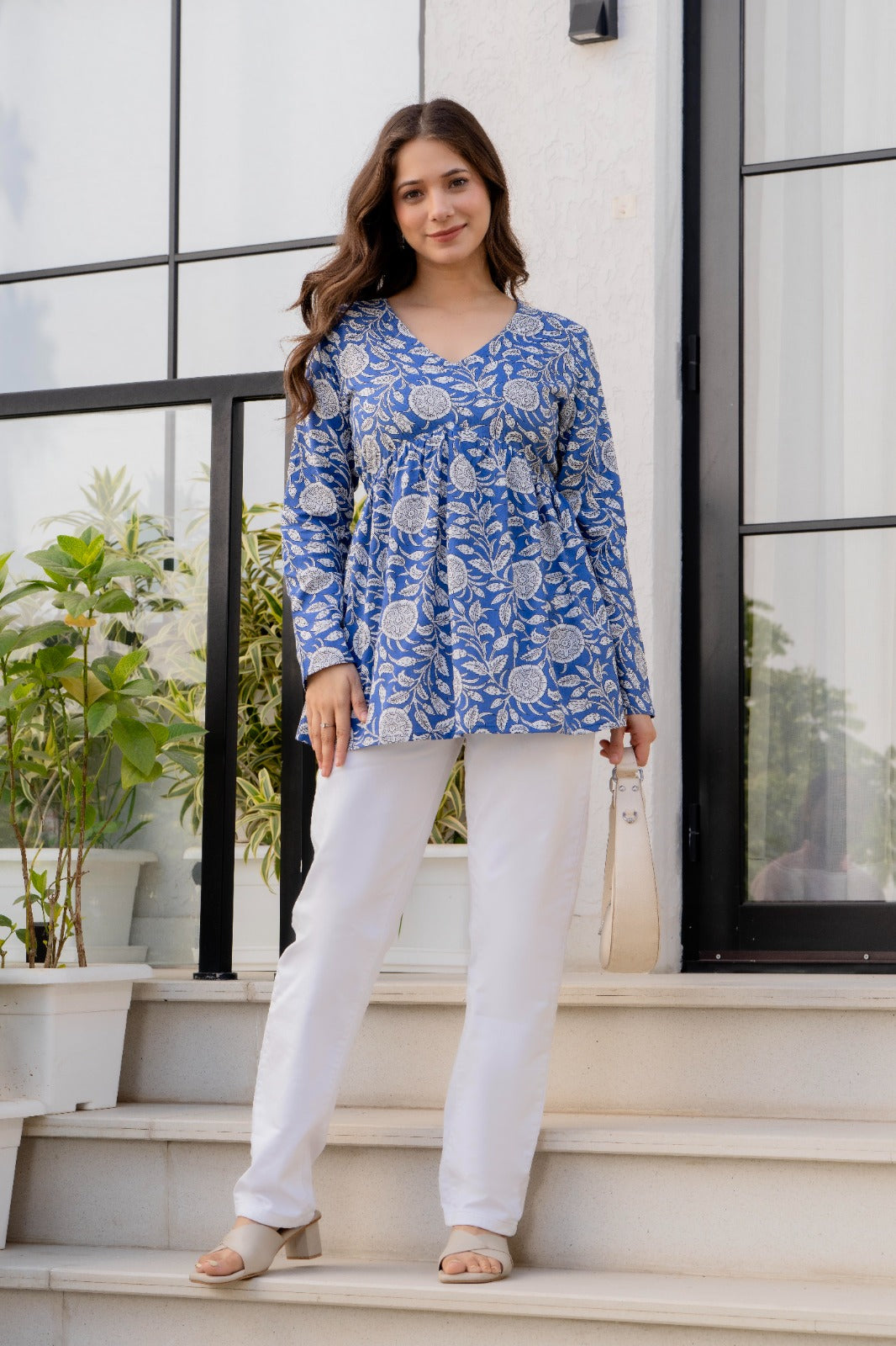 Blue Floral Printed Cotton Top for Women
