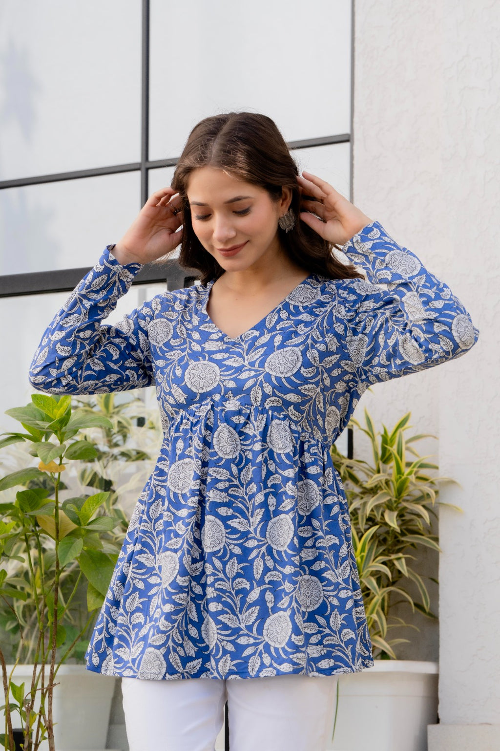 Blue Floral Printed Cotton Top for Women