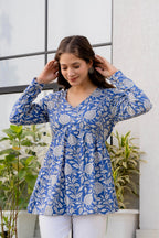 Blue Floral Printed Cotton Top for Women
