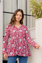 Blue Floral Printed Cotton Top for Women