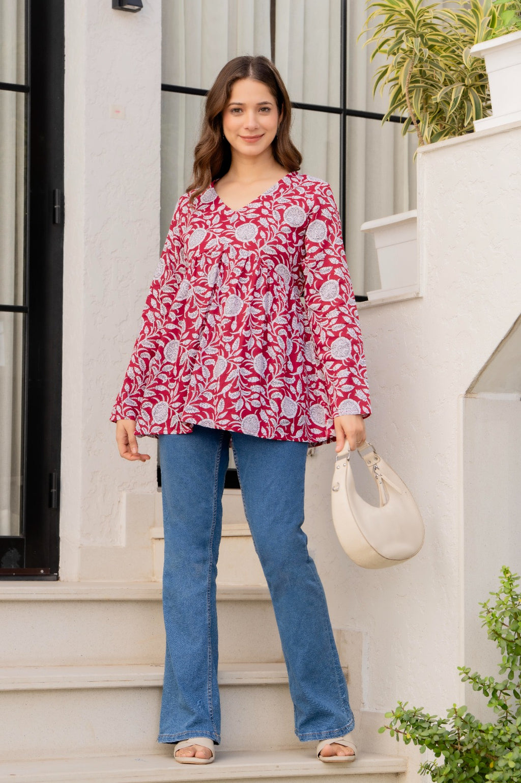 Blue Floral Printed Cotton Top for Women