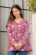 Blue Floral Printed Cotton Top for Women