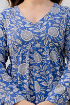 Blue Floral Printed Cotton Top for Women