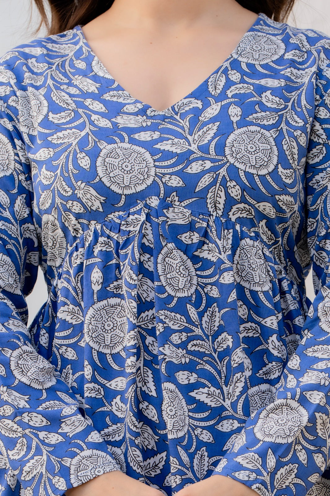 Blue Floral Printed Cotton Top for Women