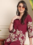 Maroon Floral Printed Kurta Palazzo Set for Women