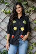 Black Floral Embroidered Cotton Shirt for Women
