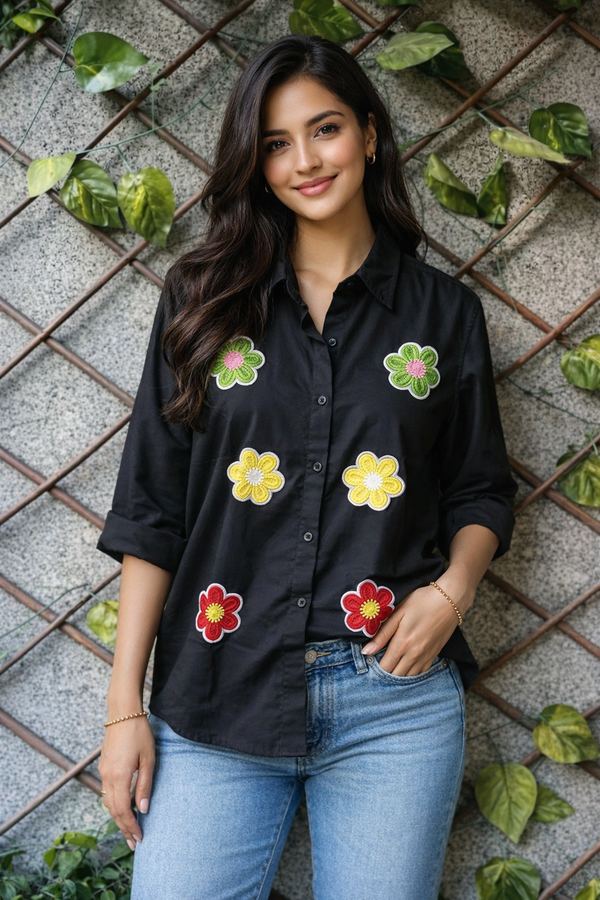Black Floral Embroidered Cotton Shirt for Women