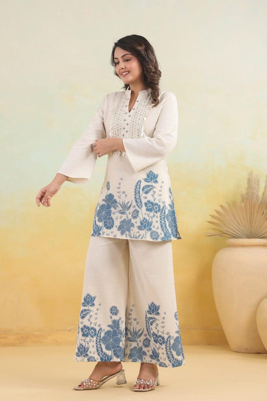 Off White Blue Printed Kurta Palazzo Set for Women