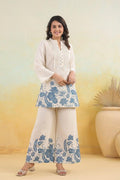 Off White Blue Printed Kurta Palazzo Set for Women