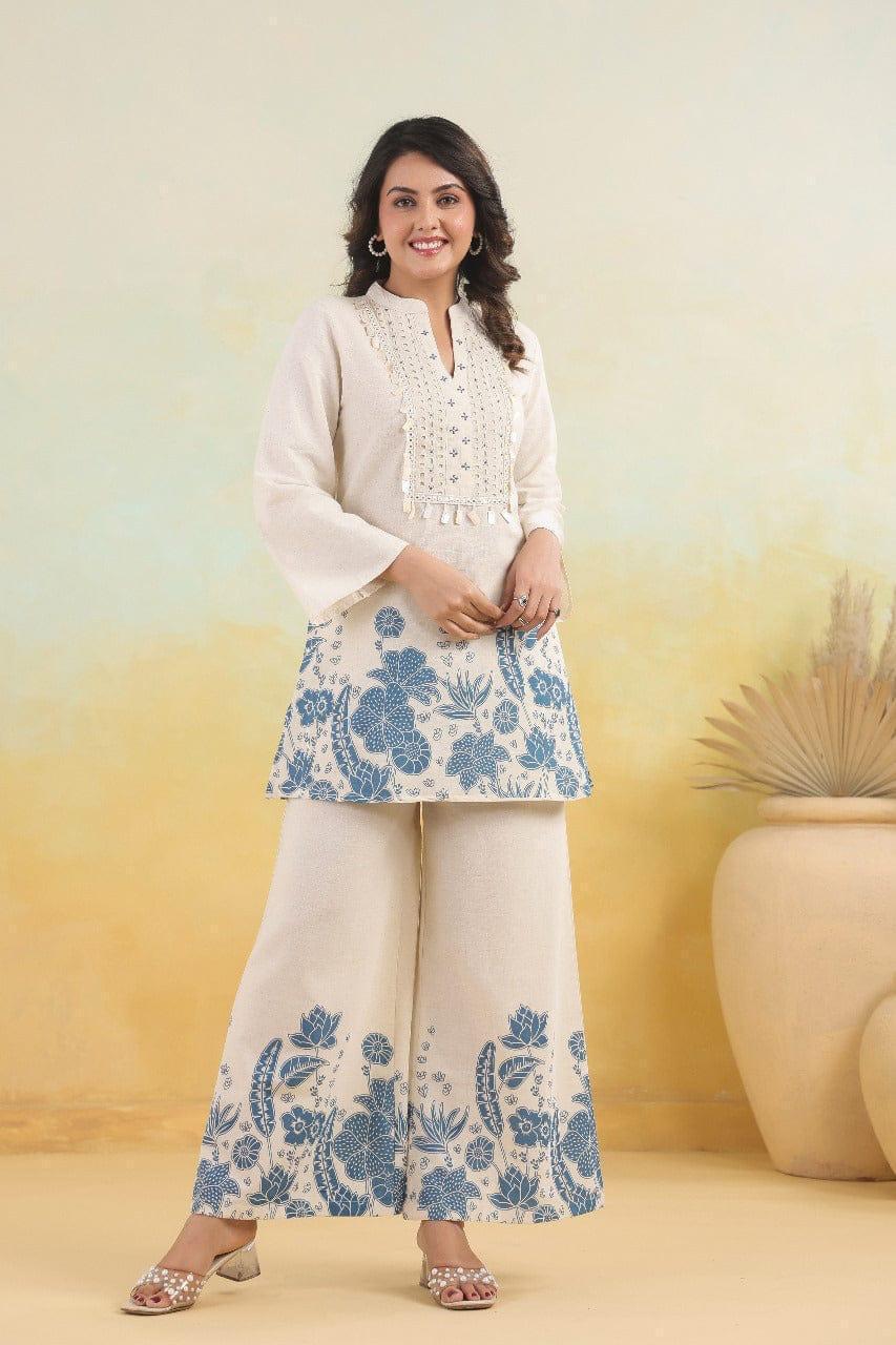 Off White Blue Printed Kurta Palazzo Set for Women