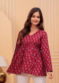 Women’s Red Printed Long Kurti Top – Casual Flared Ethnic Tunic for Ladies Daily Wear