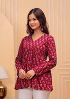 Women’s Red Printed Long Kurti Top – Casual Flared Ethnic Tunic for Ladies Daily Wear