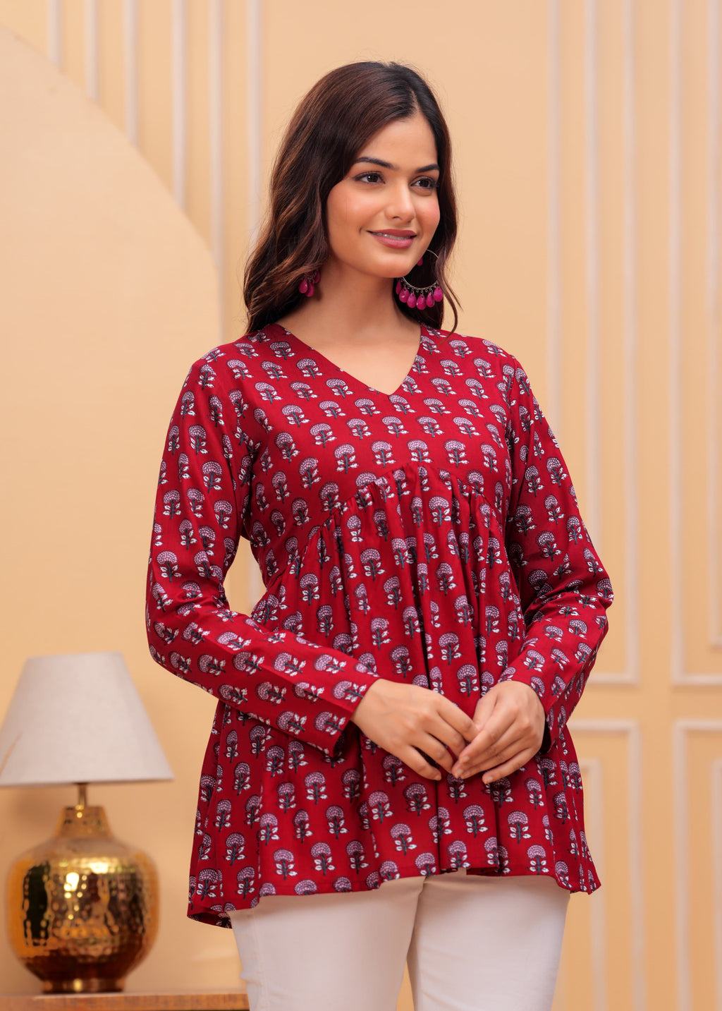 Women’s Red Printed Long Kurti Top – Casual Flared Ethnic Tunic for Ladies Daily Wear