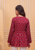 Women’s Red Printed Long Kurti Top – Casual Flared Ethnic Tunic for Ladies Daily Wear