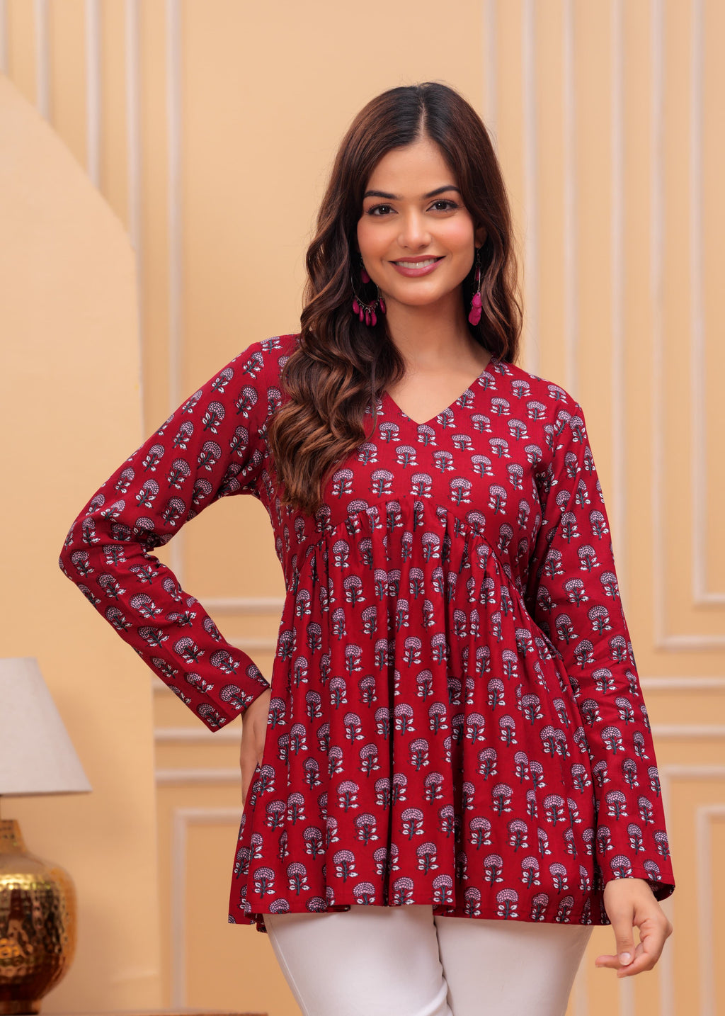 Women’s Red Printed Long Kurti Top – Casual Flared Ethnic Tunic for Ladies Daily Wear