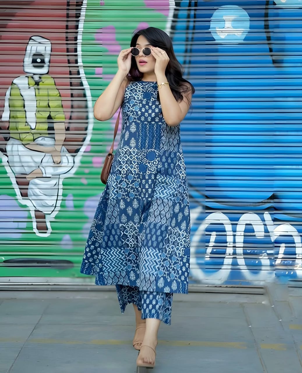 Women’s Blue Printed Kurti Set with Palazzo