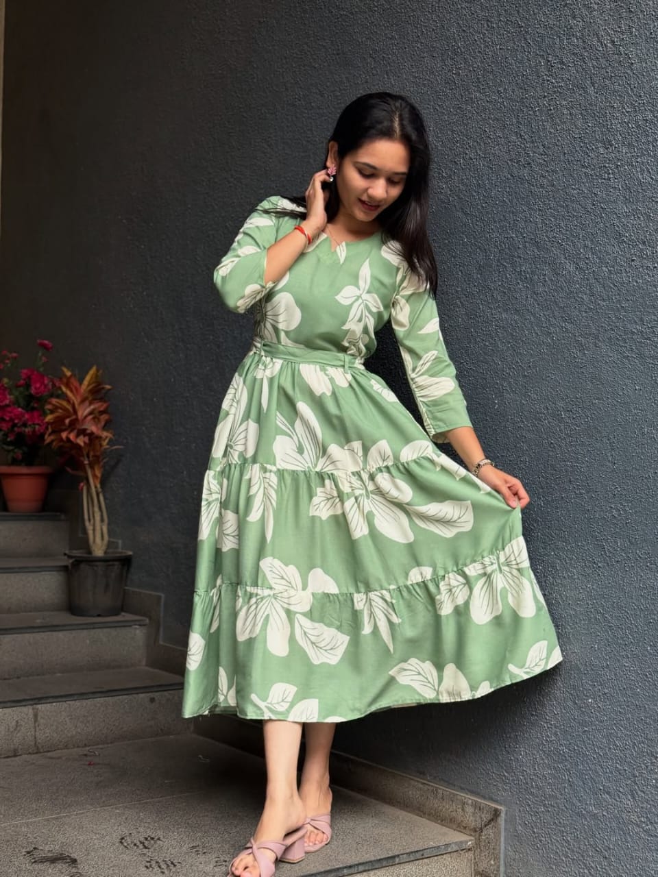 green flower dress