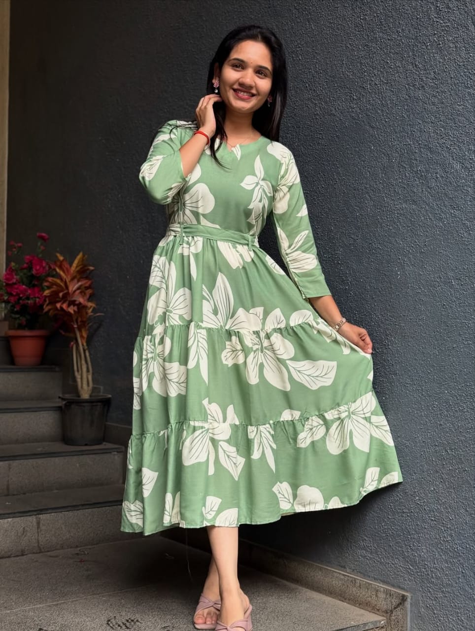 green flower dress