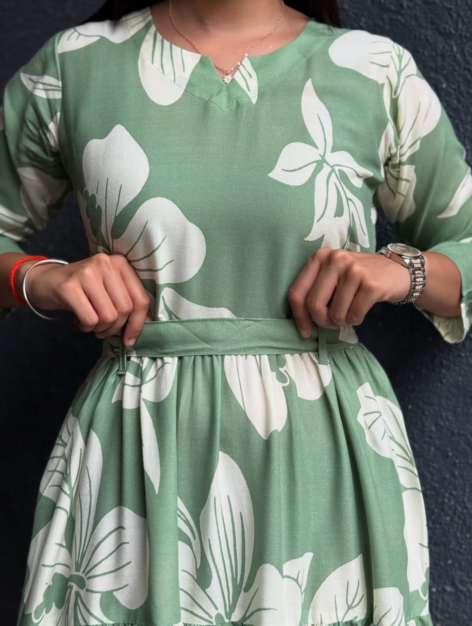 green flower dress