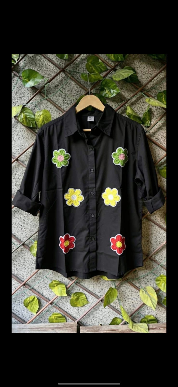 Black Floral Embroidered Cotton Shirt for Women