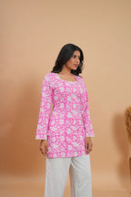 Pink Floral Short Kurti Top for Women | Ethnic Western Designer Kurti