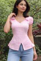 Pink Gingham Peplum Top for Women – Stylish Summer Checkered Top