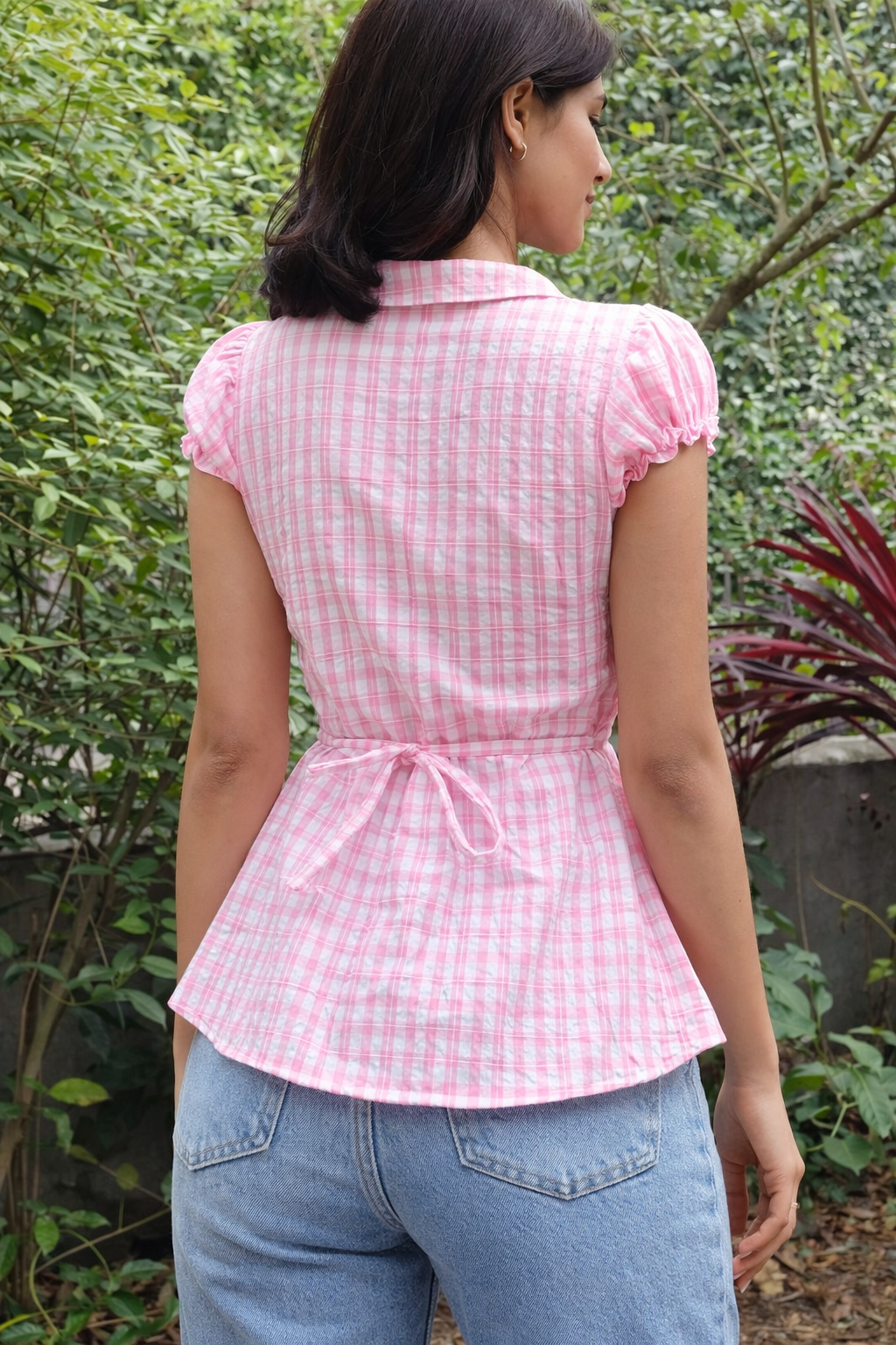 Pink Gingham Peplum Top for Women – Stylish Summer Checkered Top